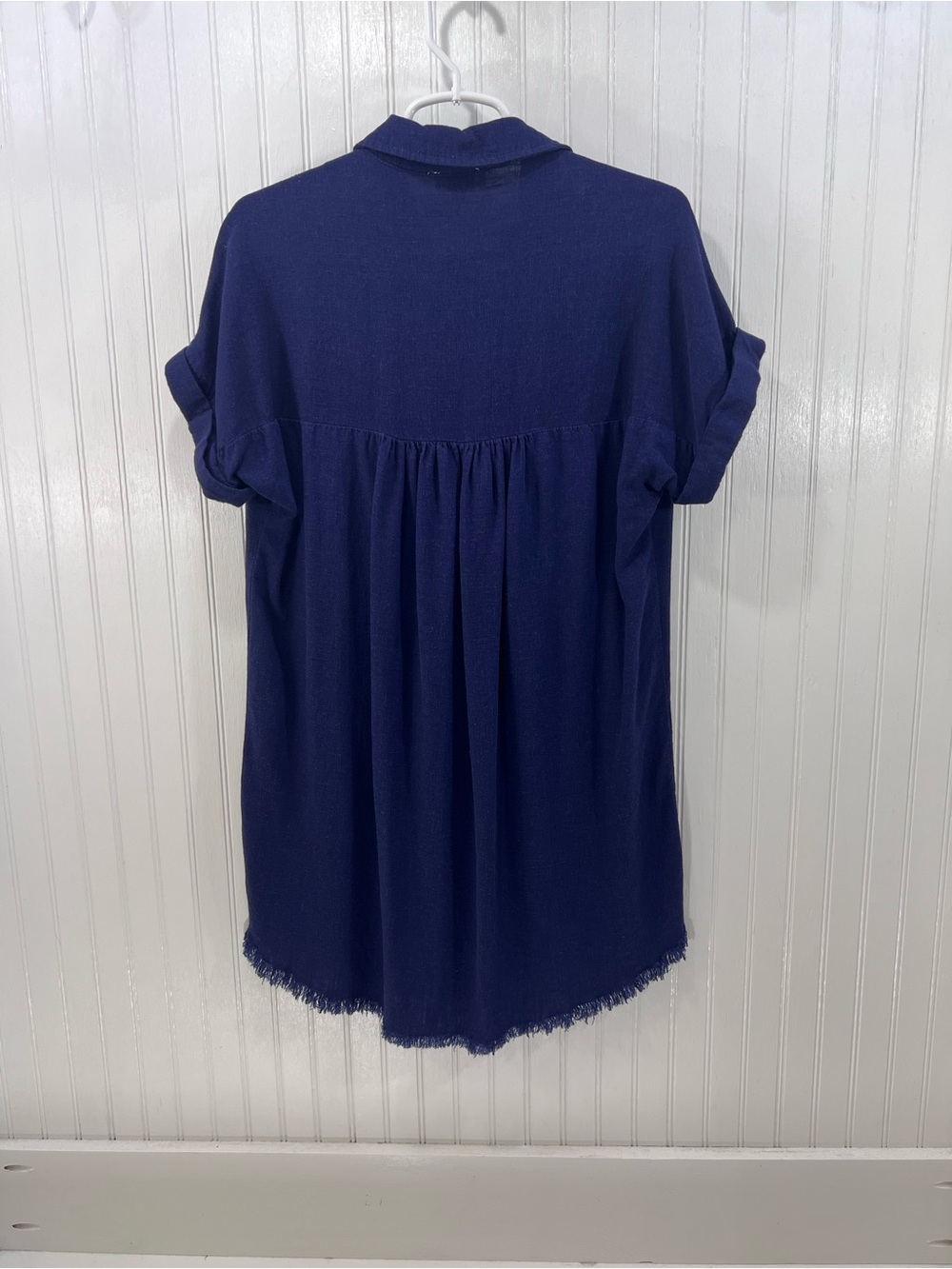 Umgee Boho Linen Blend Mini Dress Blue Fringed Hem Small - Picture 2 of 9